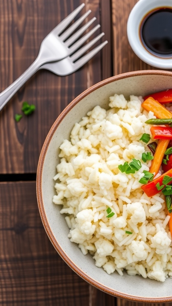 A bowl of cauliflower rice with stir-fried vegetables on a rustic table.